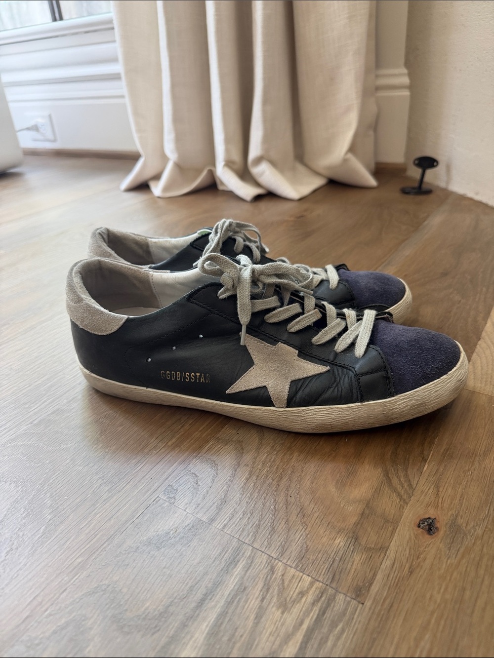 Golden Goose Black Leather Sneakers with White Star and Navy Toe